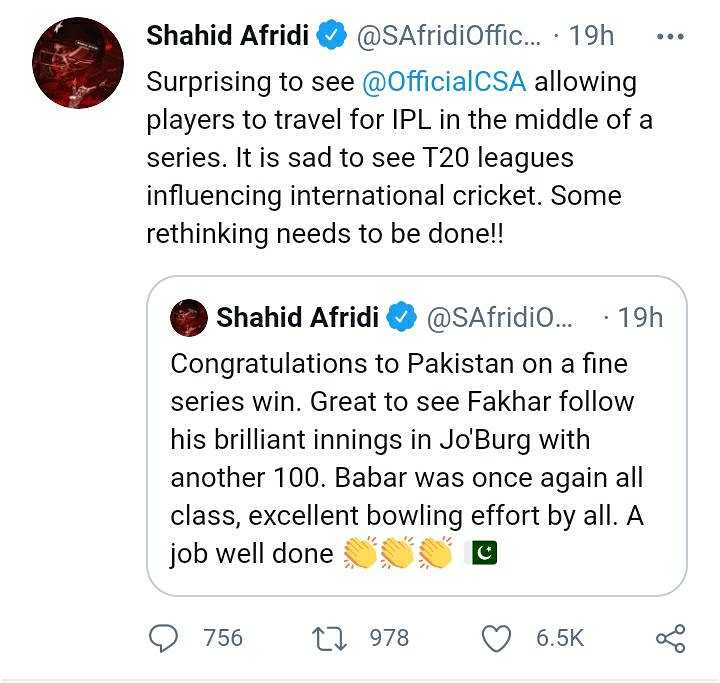 surprising to see csa players leaving for ipl amid pakistan series shahid afridi