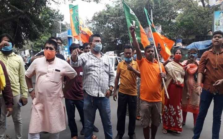 party workers protesting in front of the house