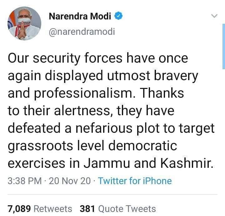 narendra modi congratulates to indian army for failed militant attack in nagrota